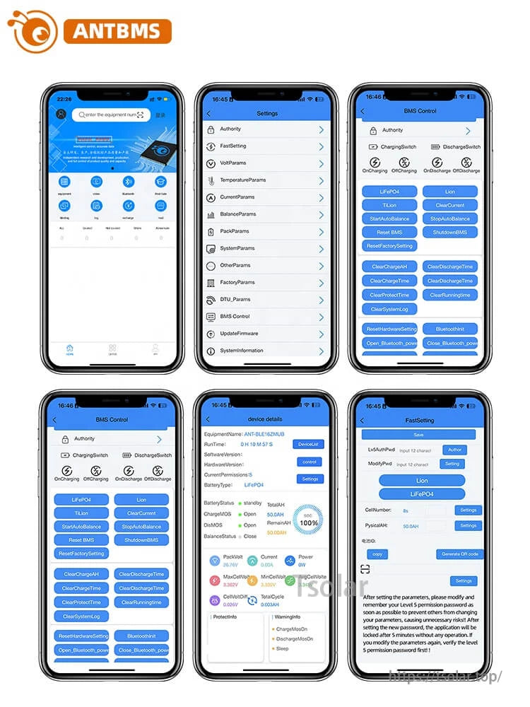 Bluetooth BMS mobile app screenshots showing settings, BMS control, and battery status dashboards