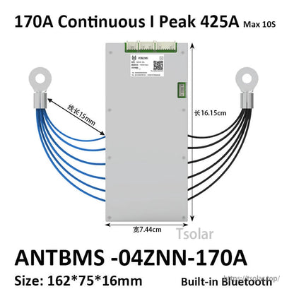 04ZNN-170A BMS size diagram with blue/black leads, 170A continuous and 425A peak (10s)