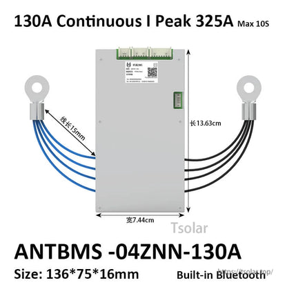 04ZNN-130A BMS size diagram showing wire layout, 130A continuous and 325A peak (10s)
