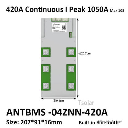 04ZNN-420A BMS size diagram with bolt terminals, 420A continuous and 1050A peak (10s)