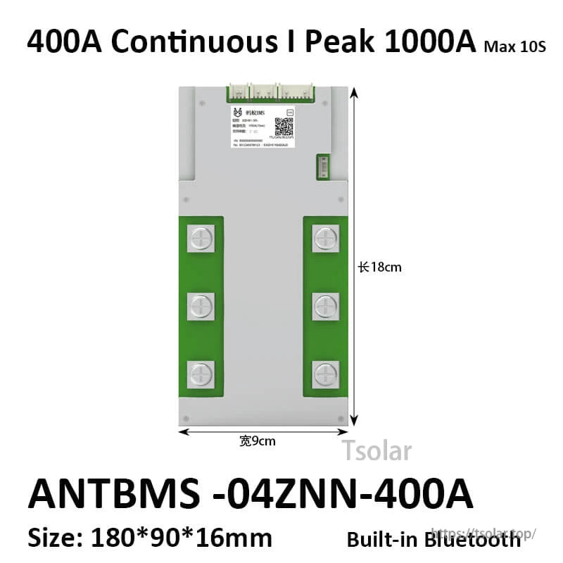 04ZNN-400A BMS size diagram with bolt terminals, 400A continuous and 1000A peak (10s)