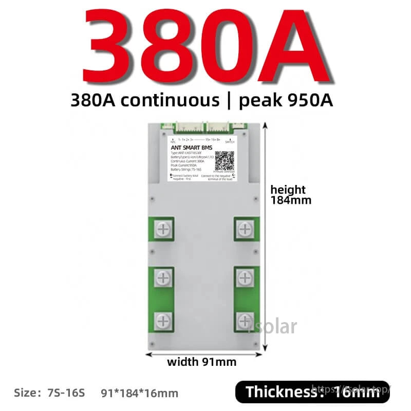 380A continuous smart BMS dimensions diagram showing 91mm width, 184mm height, 16mm thickness