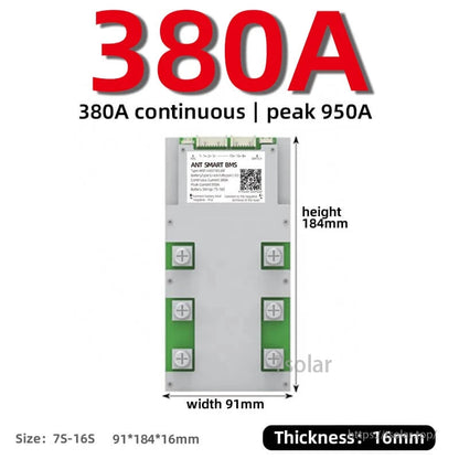 380A continuous smart BMS dimensions diagram showing 91mm width, 184mm height, 16mm thickness