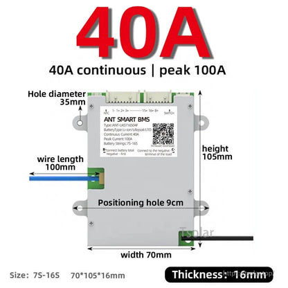 40A ANT smart BMS size diagram showing 70mm width, 105mm height, 16mm thickness and mounting holes