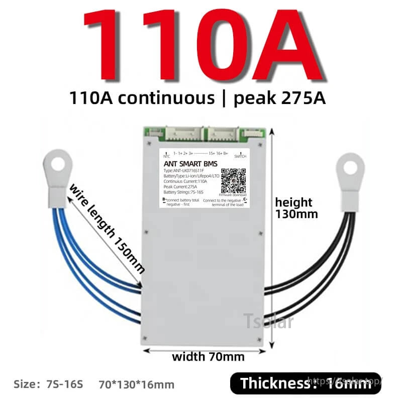 110A continuous smart BMS dimensions with 70mm width, 130mm height, 16mm thickness and wire length