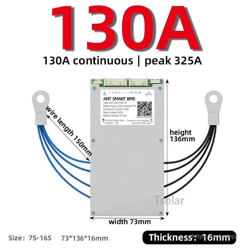 130A continuous smart BMS size diagram showing 73mm width, 136mm height, 16mm thickness