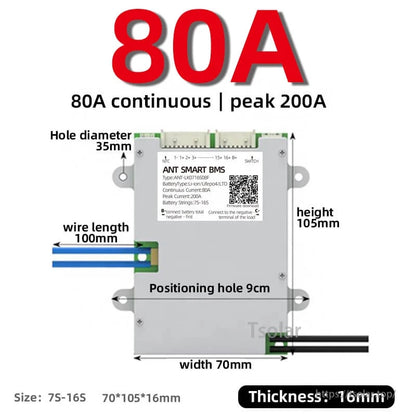 80A continuous smart BMS dimensions diagram with 70mm width, 105mm height, 16mm thickness