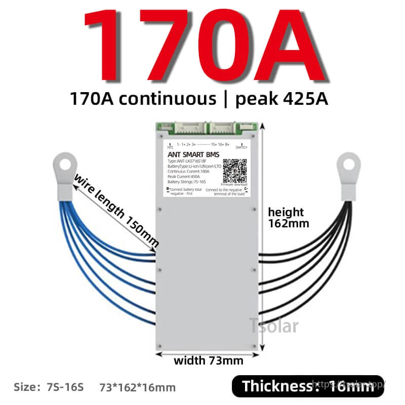 170A continuous smart BMS dimensions diagram showing 73mm width, 162mm height, 16mm thickness