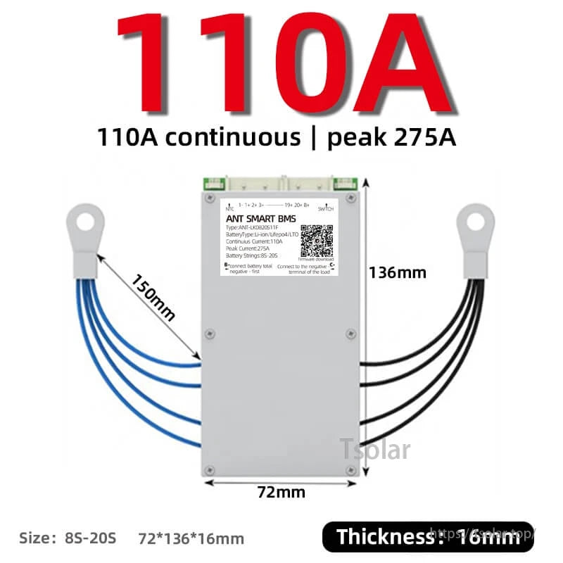 ANT smart BMS 110A continuous (peak 275A) size diagram with dimensions 72×136×16 mm