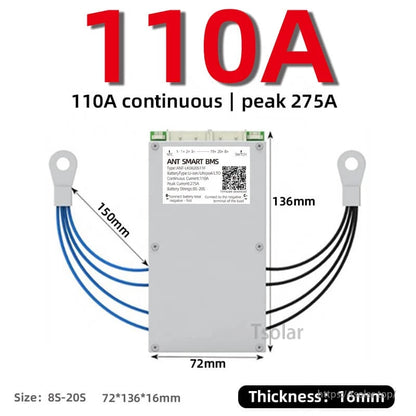 ANT smart BMS 110A continuous (peak 275A) size diagram with dimensions 72×136×16 mm