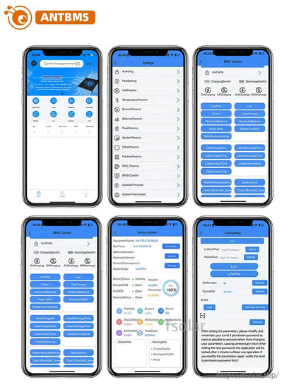 Mobile app interface screenshots for ANT BMS showing settings, monitoring, and control screens