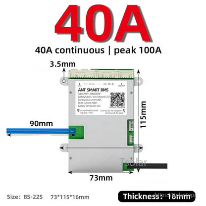40A ANT SMART BMS size diagram with dimensions 73×115×16 mm and 100A peak rating