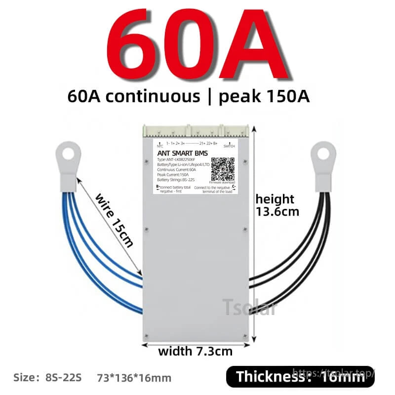 60A ANT SMART BMS size diagram showing 13.6 cm height, 7.3 cm width, 15 cm wire length