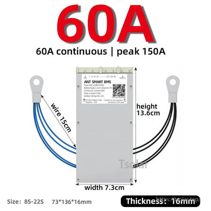 60A ANT SMART BMS size diagram showing 13.6 cm height, 7.3 cm width, 15 cm wire length