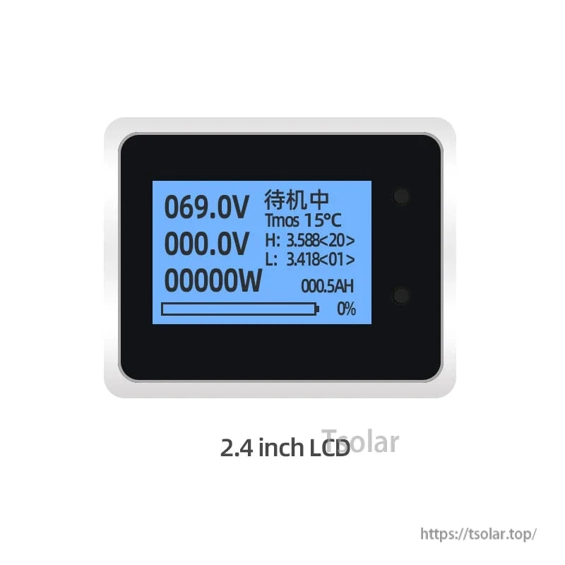 2.4 inch LCD display module front view with blue backlit status screen and numeric readings