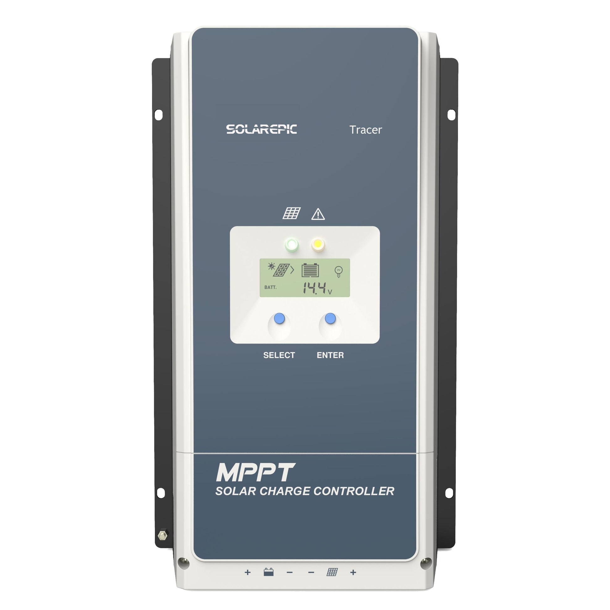 Front view of Tracer MPPT solar charge controller with LCD display, indicator LEDs, and Select/Enter buttons