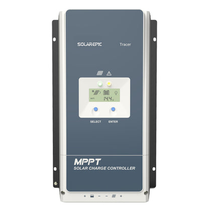 Front view of Tracer MPPT solar charge controller with LCD display, indicator LEDs, and Select/Enter buttons