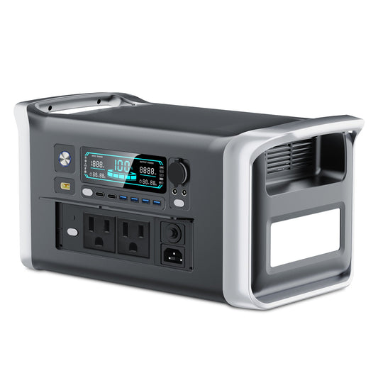 Portable power station with 1600W AC output, 11 ports, fast charge, and long lifespan.