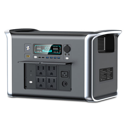 2048Wh portable power station with 2400W output, 13 ports, 600W solar input, UPS function, LED display, safety features, compact size; ideal for outdoor, emergency, and backup use.
