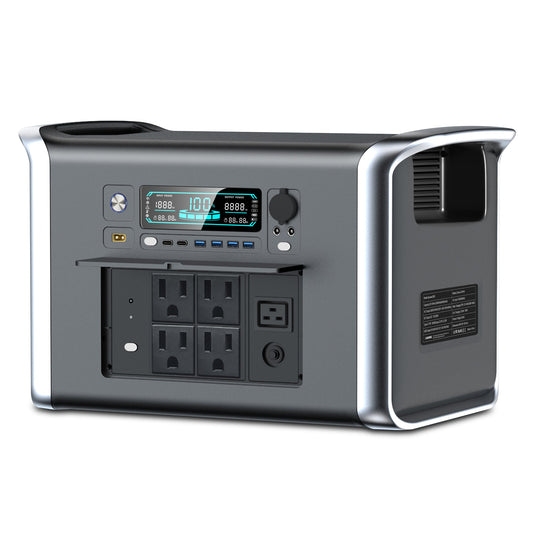 2048Wh portable power station with 2400W output, 13 ports, 600W solar input, UPS function, LED display, safety features, compact size; ideal for outdoor, emergency, and backup use.