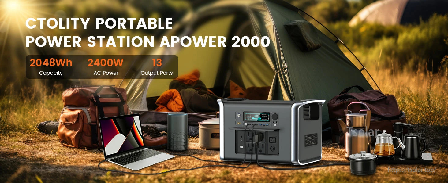 AP2000 Portable Power Station features 2048Wh capacity and 2400W output with multiple ports for camping, outdoor use, or emergency backup.