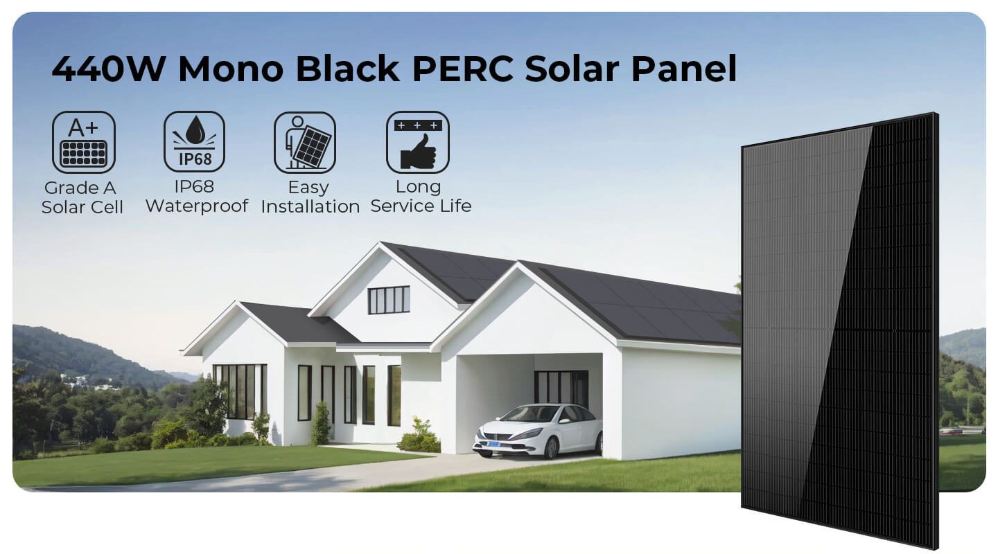 SunGold Power 440W Solar Panel, Waterproof 440W mono-black PERC solar panel for easy installation with high efficiency.