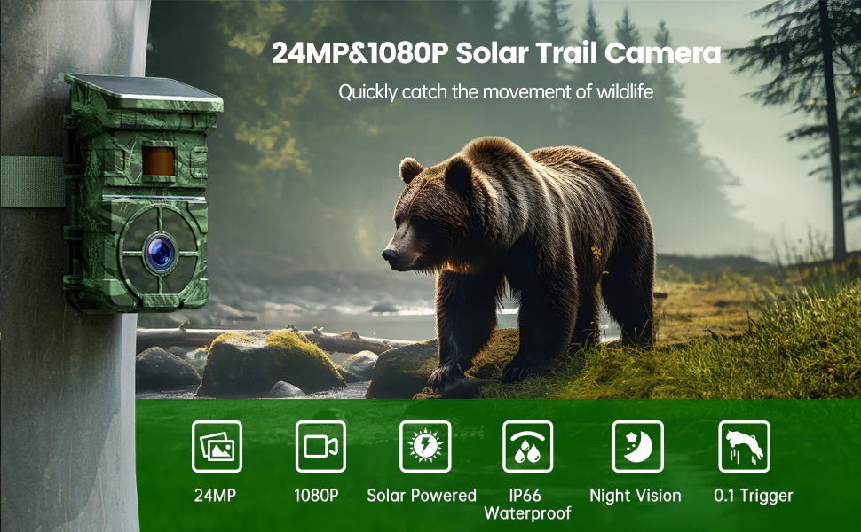Campark TC15 24MP Solar Trail Camera, Capture wildlife movement with Campark TC15 trail camera featuring high-quality video, solar power, night vision, and quick trigger speed.