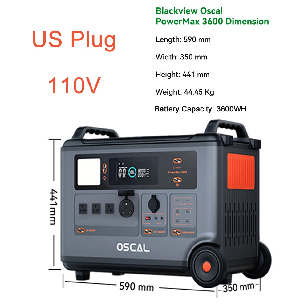 Oscal Blackview PowerMax 3600 Rugged Power Station, Oscal PowerMax 3600: 3600Wh LiFePO4 battery, 3600W output, 14 ports, expandable to 57.6kWh, 44.45kg, 590x350x441mm, 110V US plug.