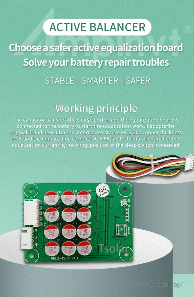 AB-4S5A / AB-8S5A / AB-16S5A active balancer board with balance lead harness and 0–5.5A equalization info