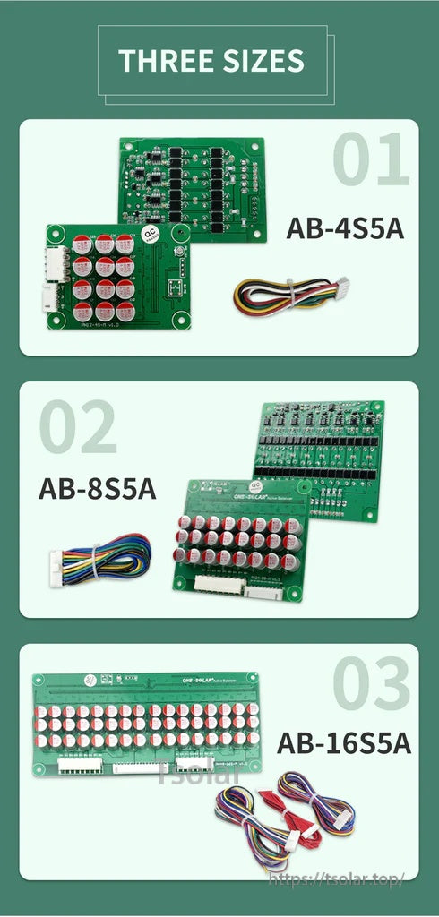 Size comparison for AB-4S5A, AB-8S5A and AB-16S5A active balancer sets with boards and wiring harnesses
