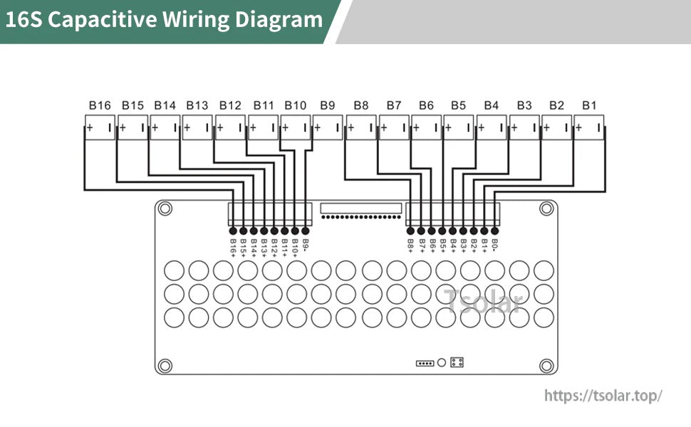 16S capacitive wiring reference for active balancer, mapping balance leads from B1 through B16 across the connector