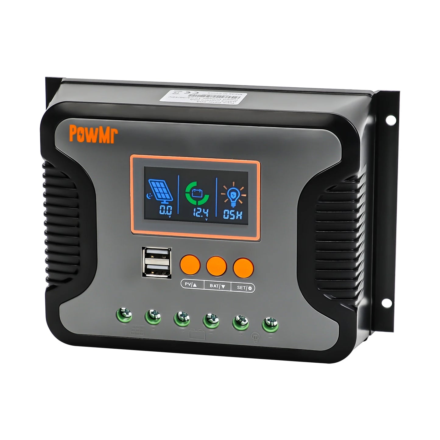 PowMr POW-PSTAR PWM Solar Charge Controller angled front view with LCD screen, dual USB and buttons