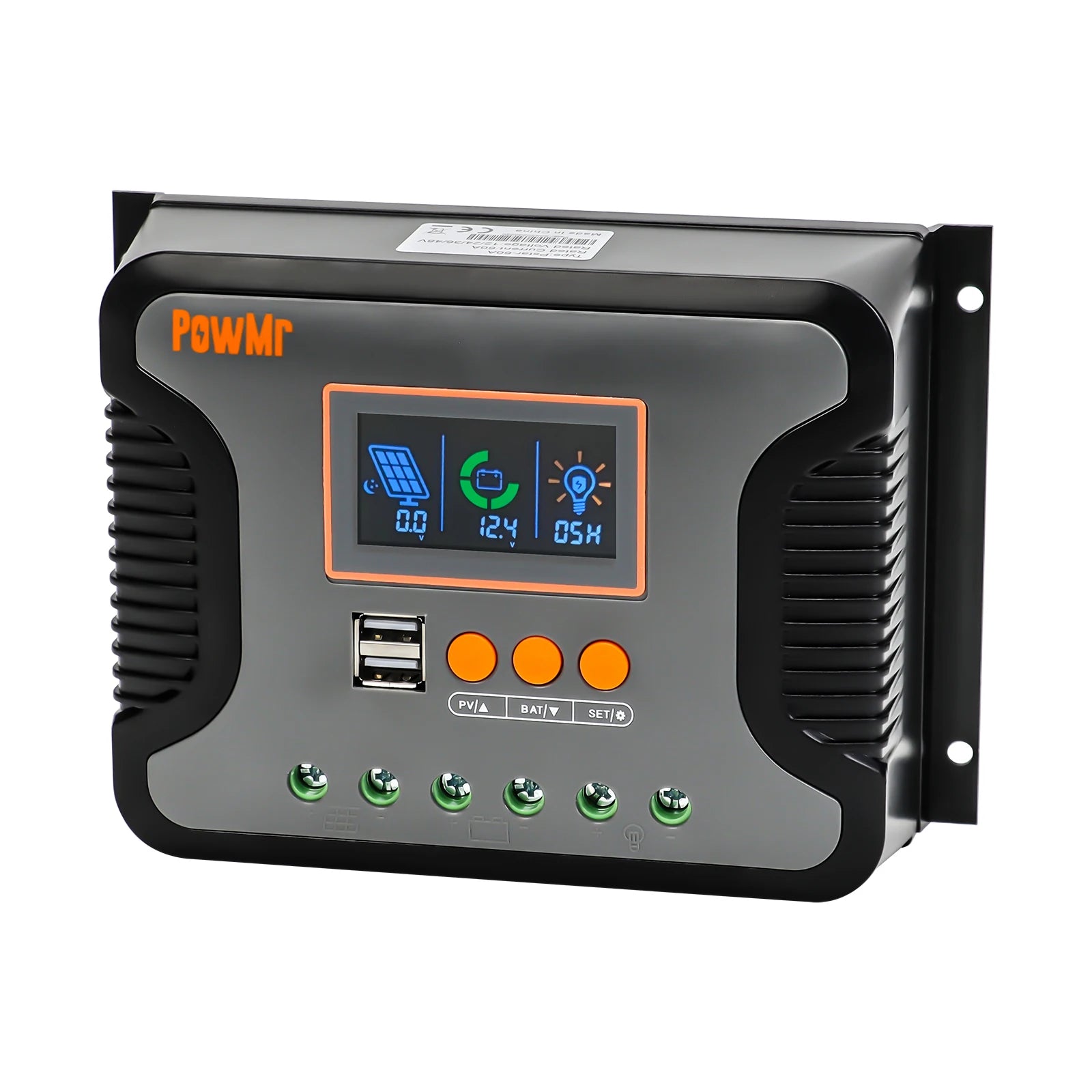 PowMr POW-PSTAR PWM Solar Charge Controller angled front view with LCD screen, dual USB and buttons