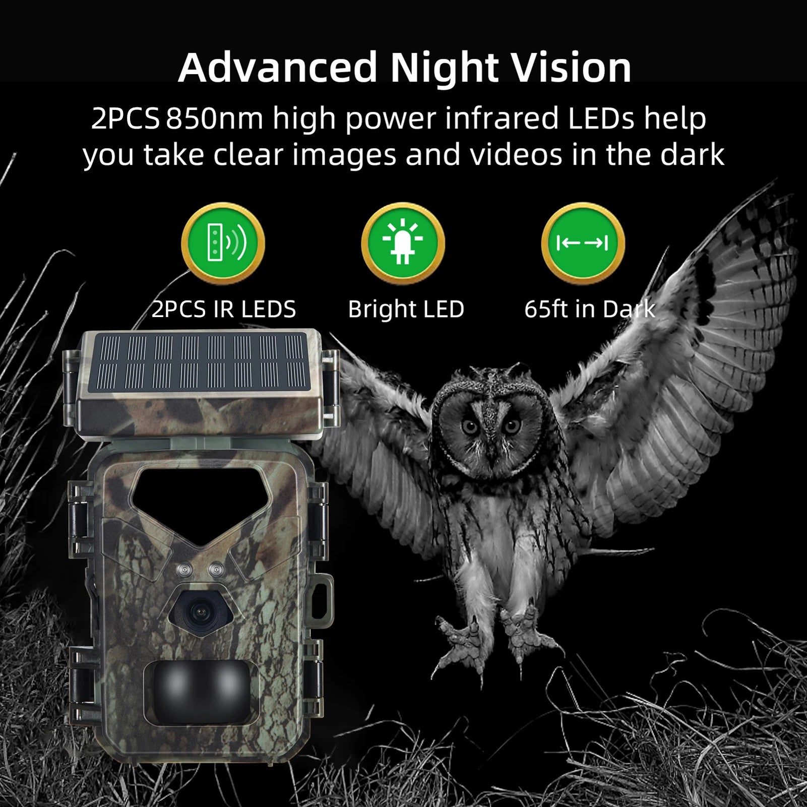 Advanced night vision set helps take clear images and videos in darkness with high power infrared LEDs.