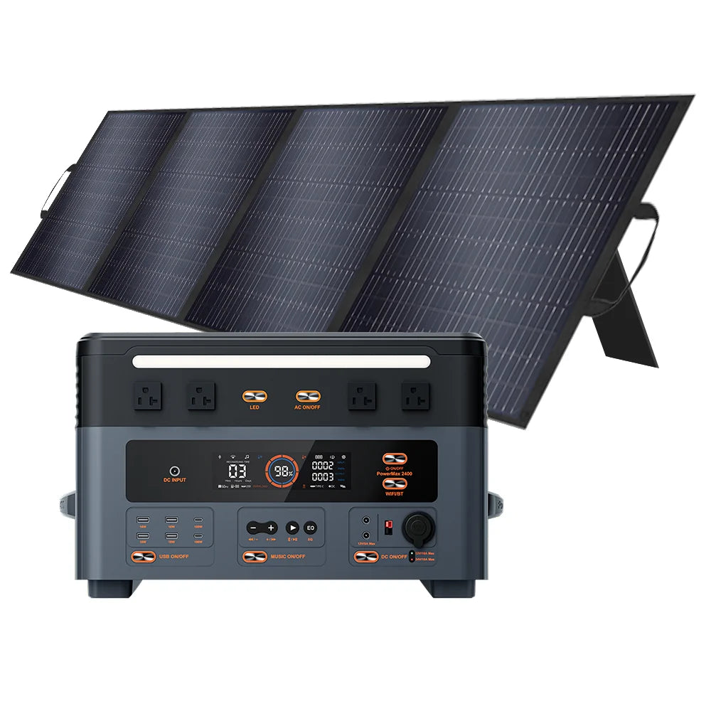Portable power station: 2400W, 1872Wh, 16 outlets, includes solar panel.