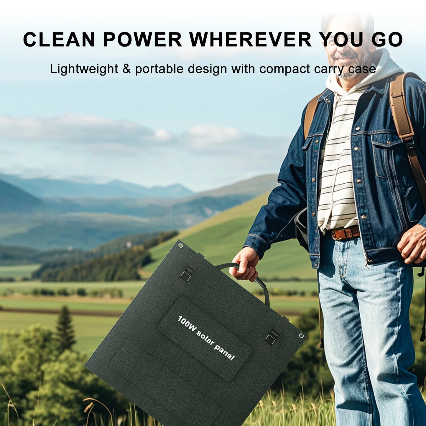 Fodable Solar Panel, Portable 100W solar panel, lightweight and compact with carry case for clean power on the go.