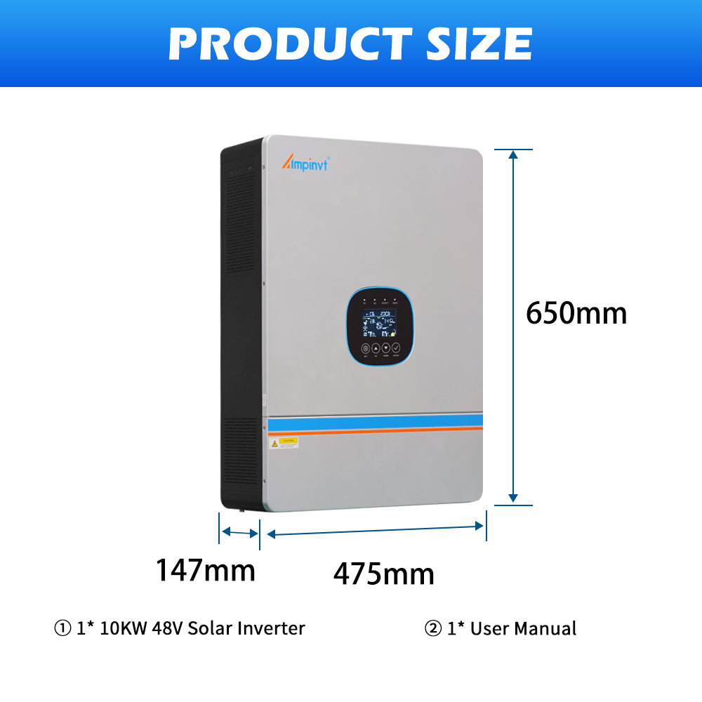 Ampinvt SPHV-series 48V solar inverter with front LCD control panel, 650 x 475 x 147 mm size
