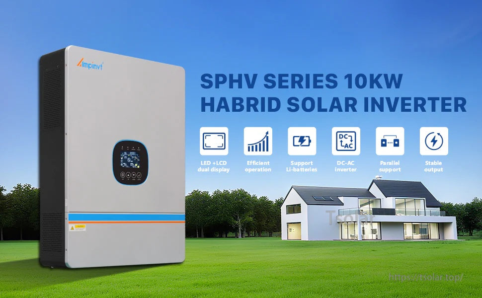 Ampinvt SPHV Series 10kW 48V hybrid solar inverter with front LCD/LED display and wall-mount case