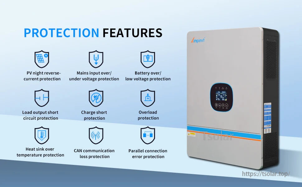 Ampinvt SPHV-series solar inverter with front LCD panel and listed protection features for PV, battery, and load.