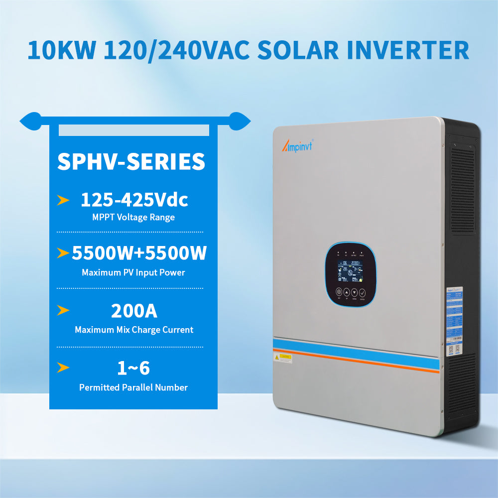 Ampinvt SPHV-series 10kW 120/240VAC solar inverter with front LCD display and key specs panel