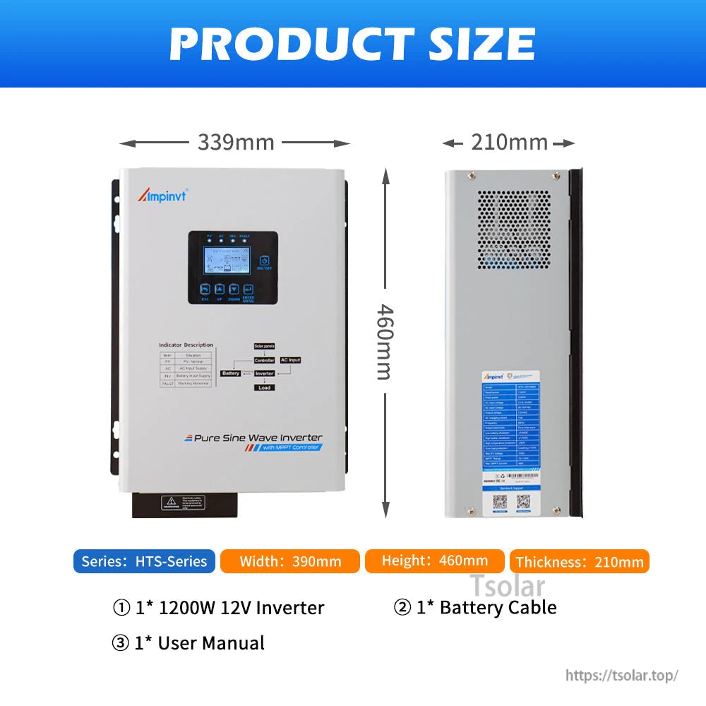 Product size and package contents graphic with dimensions and included battery cable and user manual