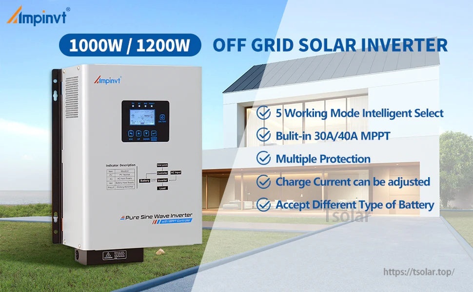 Ampinvt 1200W off-grid low frequency solar inverter, pure sine wave, with built-in 30A/40A MPPT modes listed