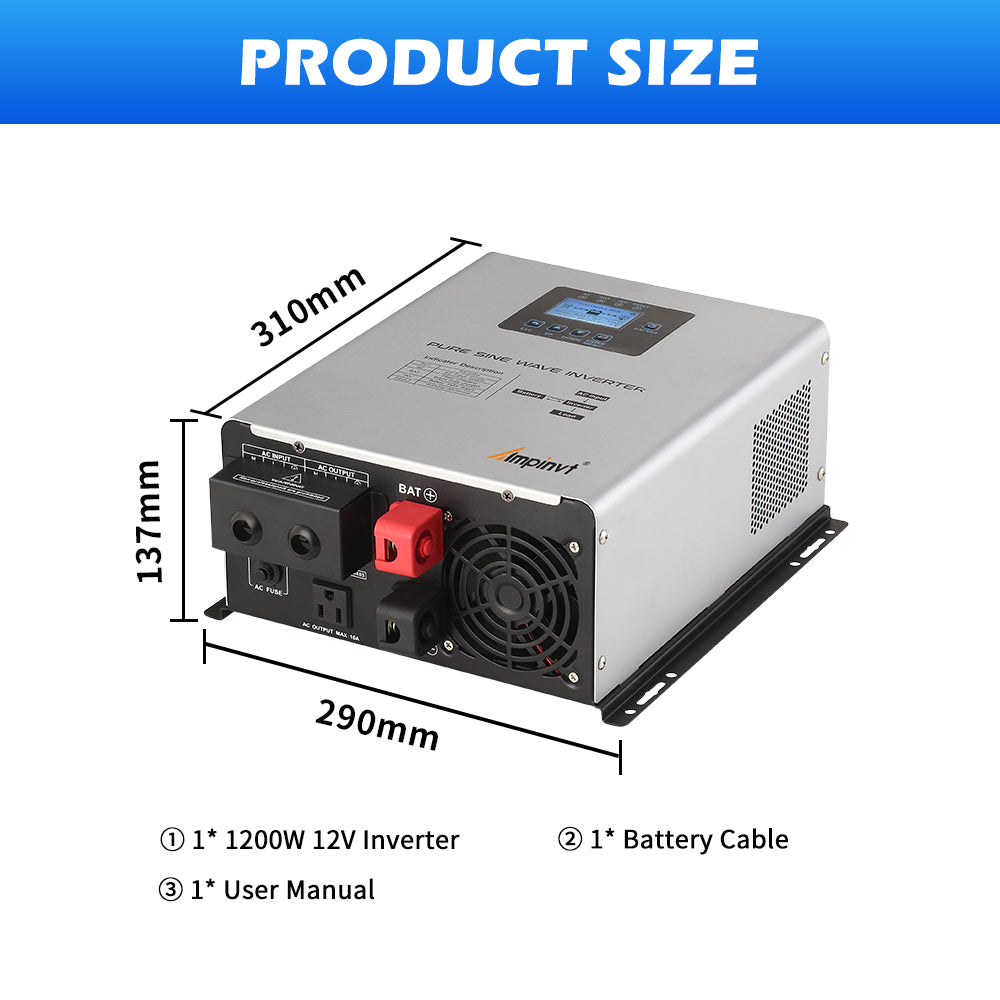 Product size and in-box items: inverter 310×290×137 mm with battery cable and user manual