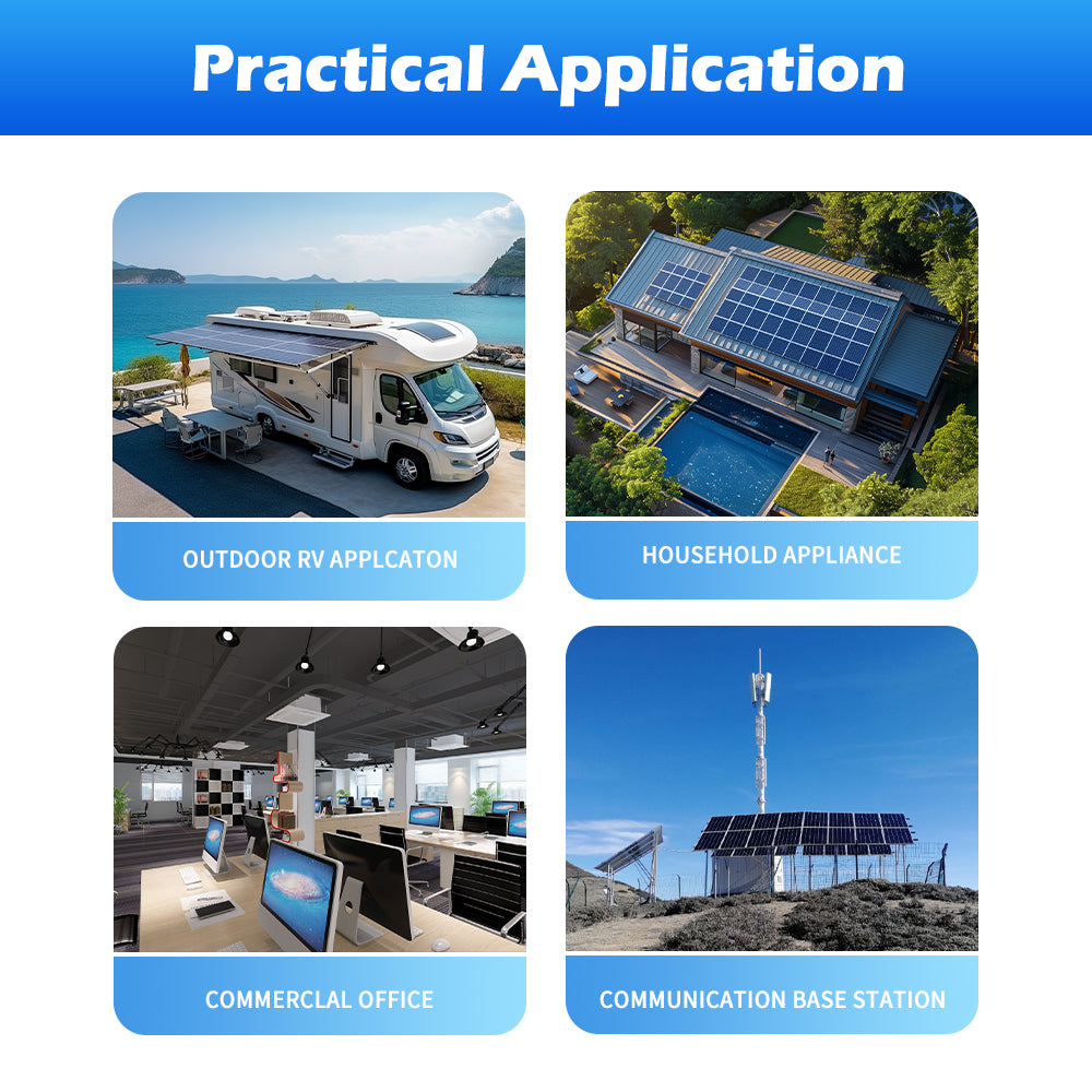 Practical application collage for a 24V pure sine wave inverter charger: RV, home solar, office, base station.