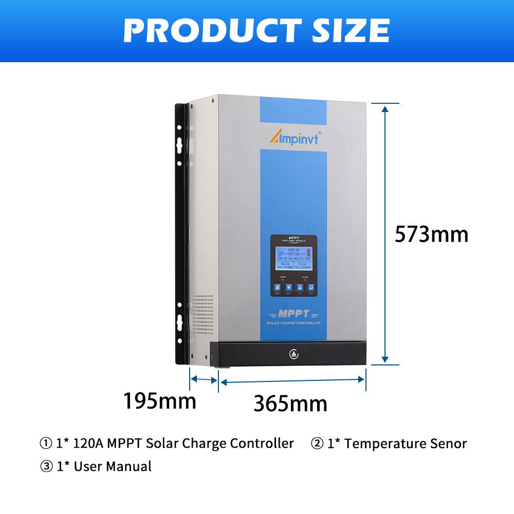 Ampinvt 120A MPPT solar charge controller dimensions: 573 mm tall, 365 mm wide, 195 mm deep; includes temp sensor and manual