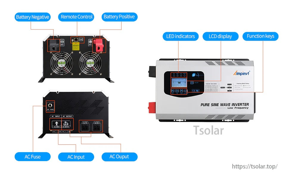 Ampinvt FT Series 3000W 24V low frequency pure sine wave inverter with LCD display and AC input/output ports