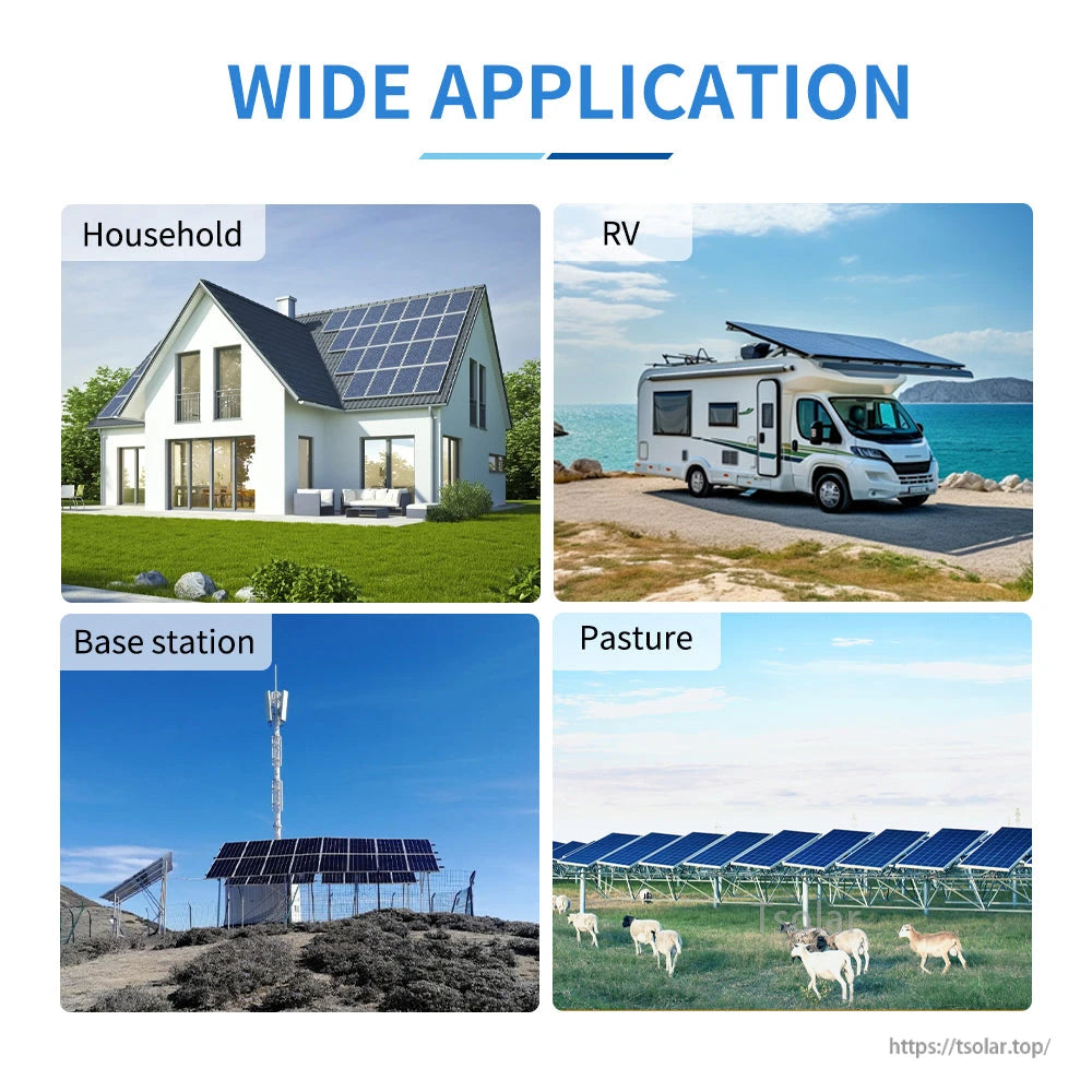 Wide application graphic showing solar setups for household, RV, base station and pasture use