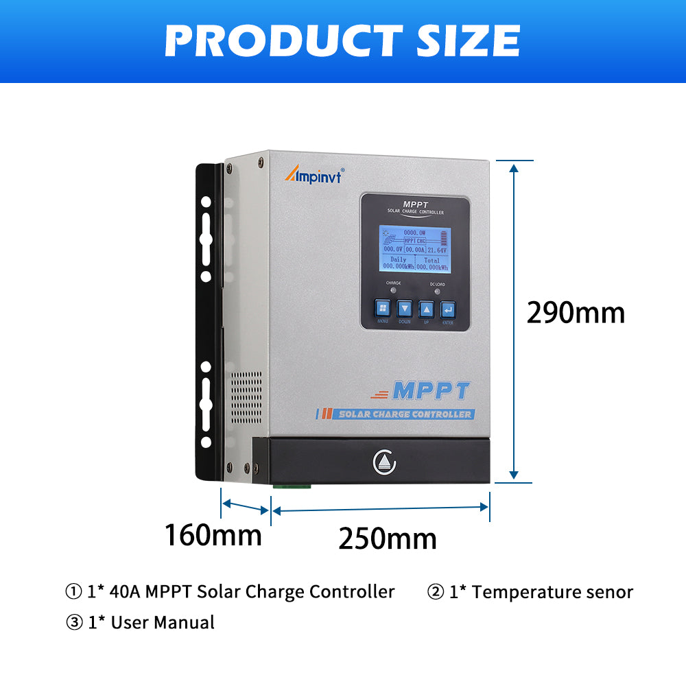 Ampinvt 40A MPPT solar charge controller with LCD display and buttons, dimensions 290 x 250 x 160 mm
