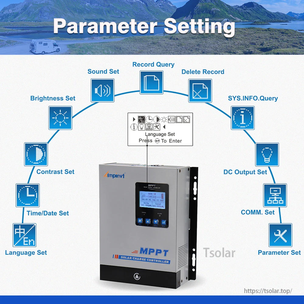 Ampinvt 40A MPPT solar charge controller with LCD screen and parameter setting menu icons