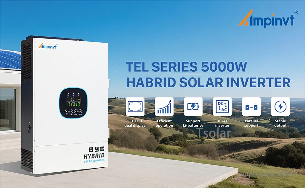 Ampinvt TEL Series 5000W hybrid solar inverter front view with LCD and LED indicators